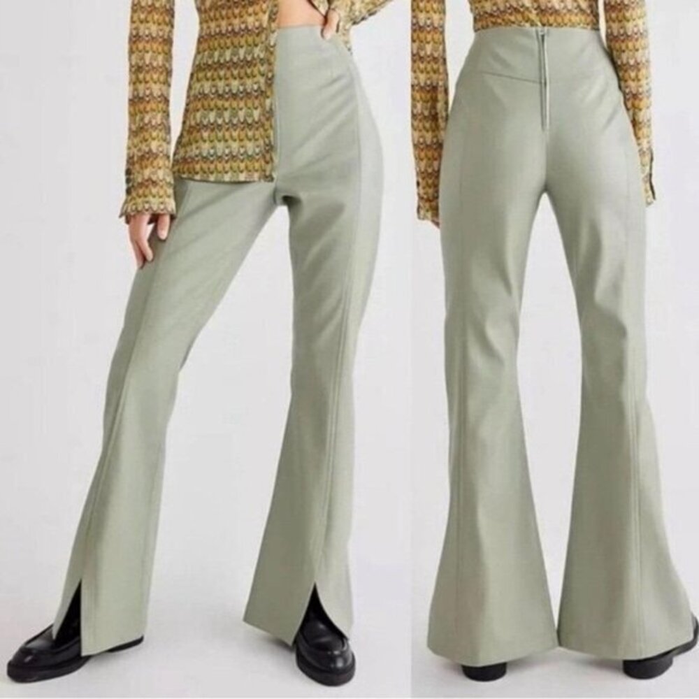 Free People We The Free Real Deal Slit Vegan Leather Flare Pants in Seagrass 31